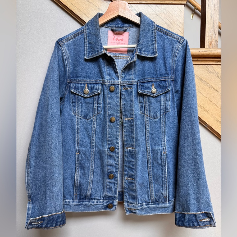Rare Y2K  90s Vintage Vibes Denim Jacket Graphic Bomber Patchwork Varsity Medium - Picture 3 of 10